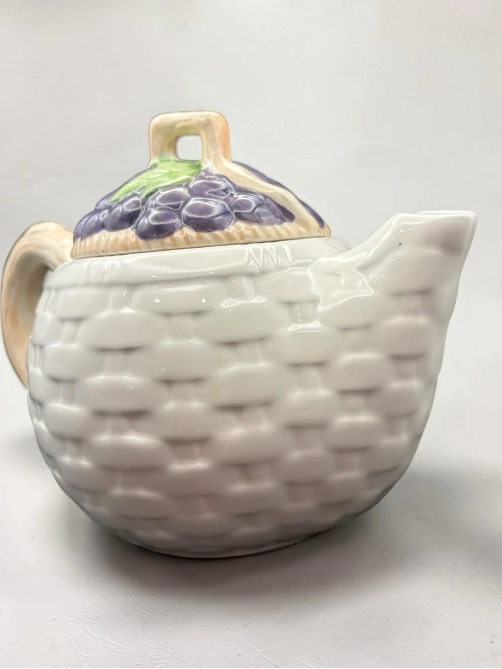 Vintage 1994 CKAO Ceramic Basket Weave W/ Fruit Design Tea Pot W/ Lid 7” Tall